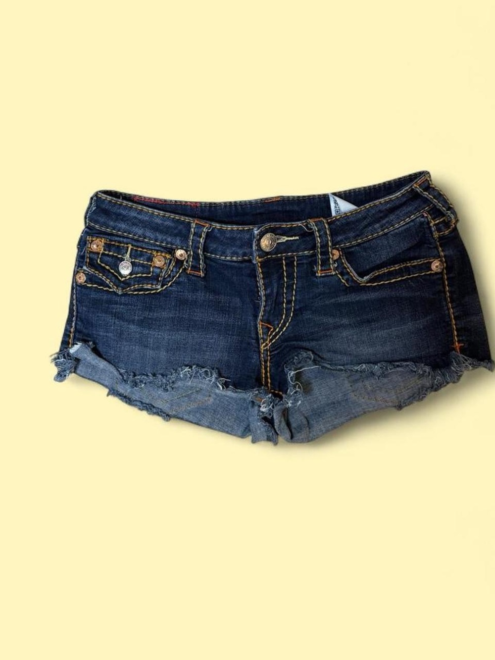 True Religion Dark Blue Frayed Denim Shorts